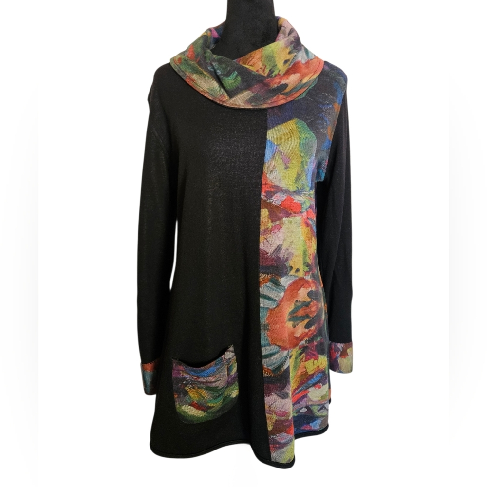 Parsley & Sage Art-to-Wear Black/Colorful Reversible Cowl Neck Tunic  Sweater M